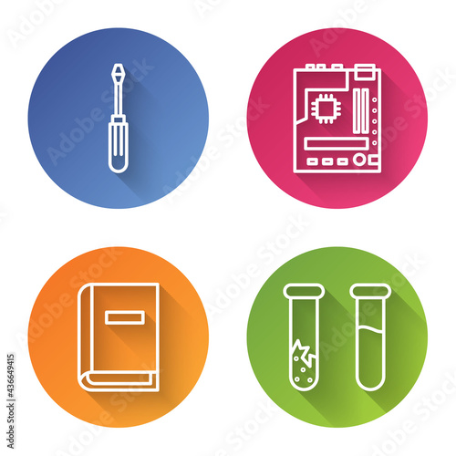 Set line Screwdriver, Motherboard, User manual and Test tube and flask. Color circle button. Vector