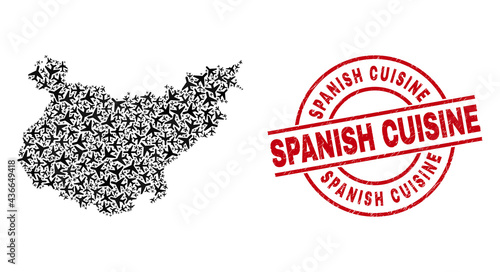 Spanish Cuisine grunge stamp, and Badajoz Province map collage of air force elements. Mosaic Badajoz Province map created of jet vehicles. Red stamp with Spanish Cuisine text,