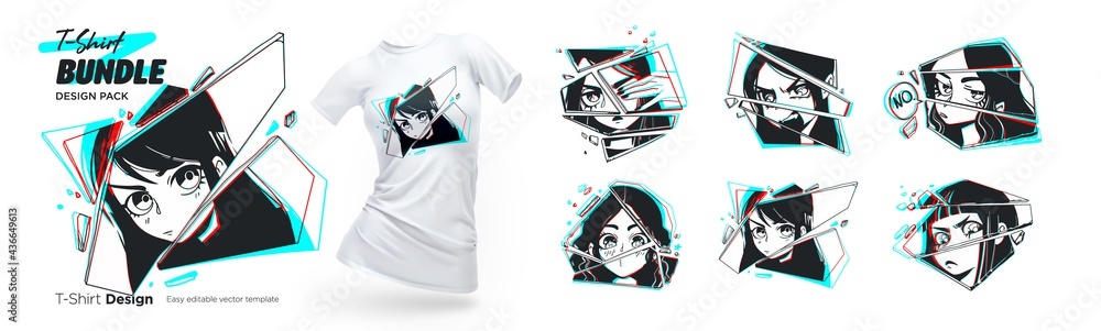 Fototapeta premium Set of t-shirt illustratiions of close up female anime eyes look with broken glass effect. Black and white Manga style. Vector illustrations of anime characters.