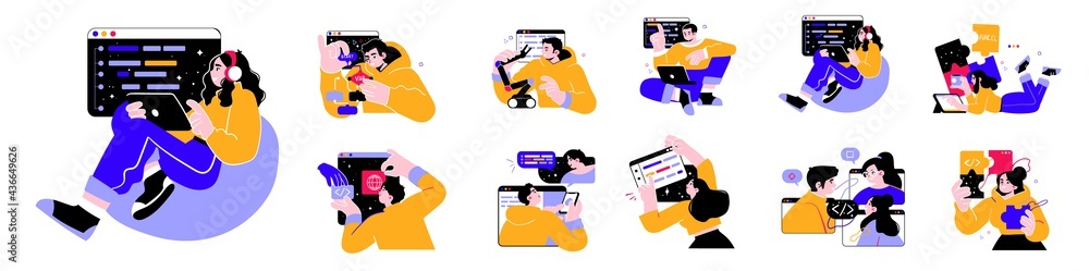 Programming Illustration Set. Different characters working on web and application development on computers. Software developers. Flat vector style illustrations. Programming Illustration Set. Different characters working on web and application development on computers. Software developers. Flat vector style illustrations.