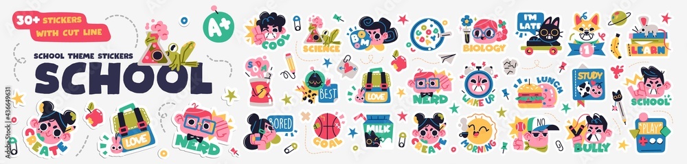 Collection of School stickers or badges with happy children, school supplies and different decoration elements. Vector set