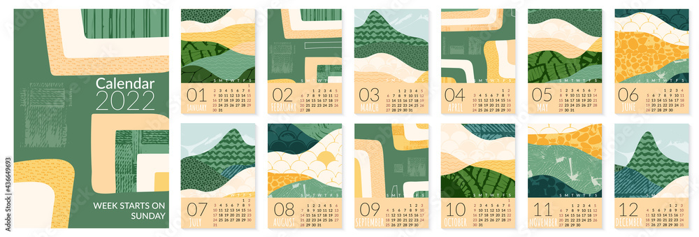 2022 calendar template with abstract green nature field landscape. Simple eco environment background. Calendar design concept with agriculture theme. Set of 12 months 2022 pages. Vector illustration
