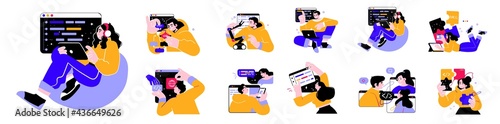 Programming Illustration Set. Different characters working on web and application development on computers. Software developers. Flat vector style illustrations.
