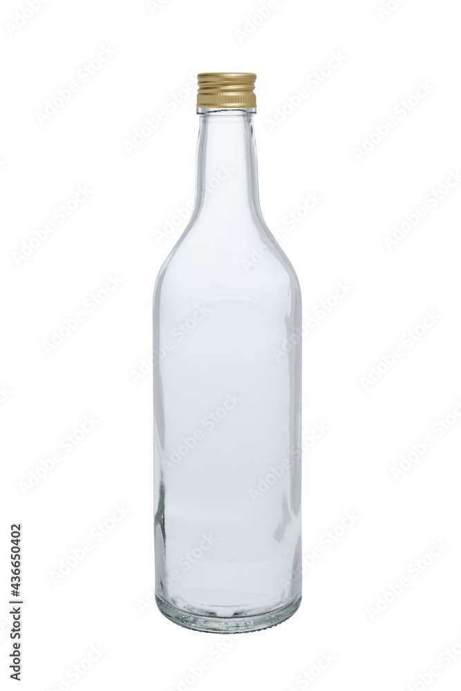 Empty bottle made of clear glass, closed with a metal lid. Isolated on a white background Empty bottle made of clear glass, closed with a metal lid. Isolated on a white background