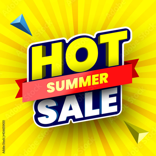 Hot summer sale banner on yellow striped background. Vector illustration.
