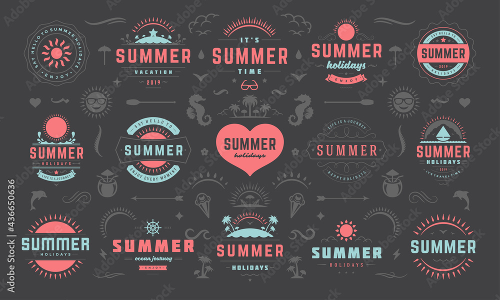 Summer labels and badges design set retro typography for posters, greeting cards and banners.