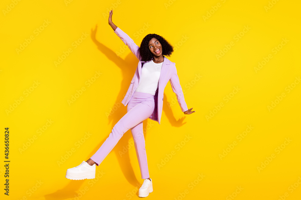 Full Size Photo Of Young Happy Smiling Funky Funny Afro Woman Dancing Enjoy Weekend Isolated On Yellow Color Background Stock Photo Adobe Stock