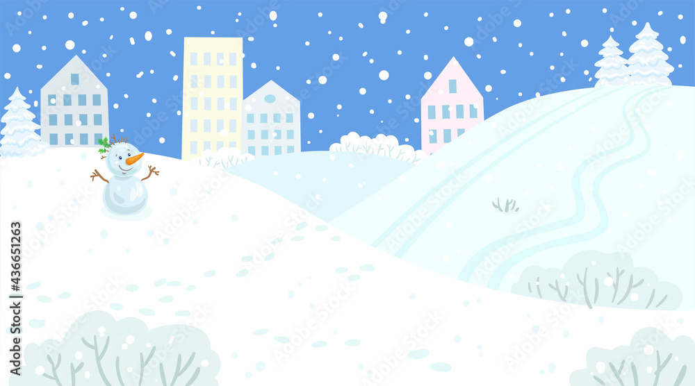 Winter city landscape. Empty park with snow, houses, hills and a snowman. Banner in cartoon style. On a blue background. Vector flat illustration