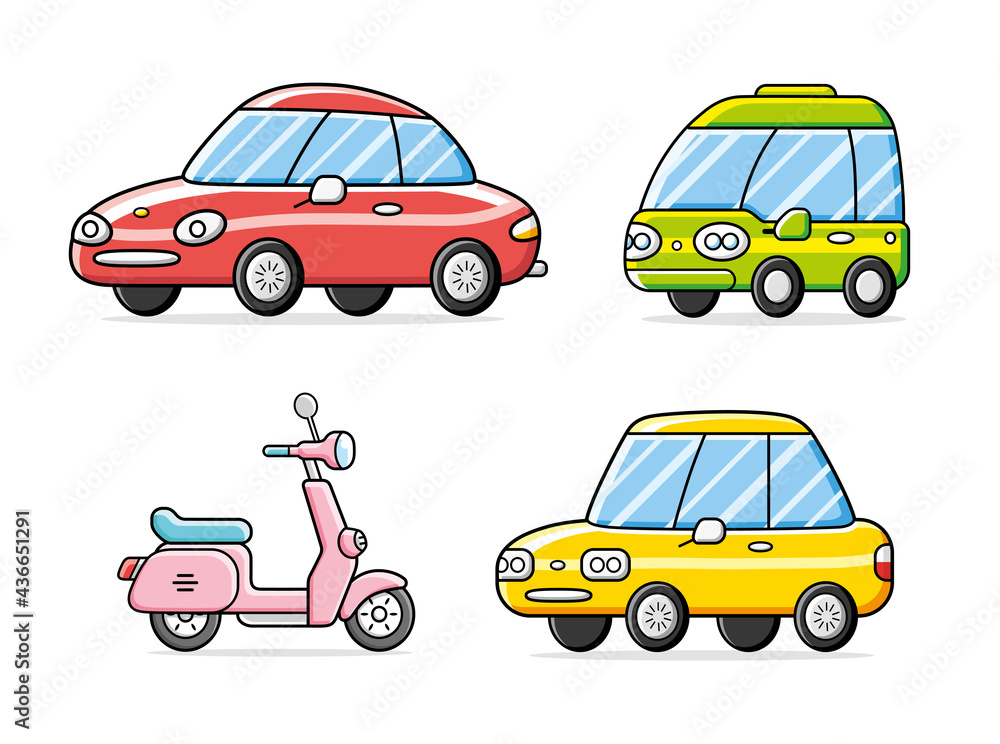 Motor scooter, red sports car, city compact electric automobiles isolated. Transport set.