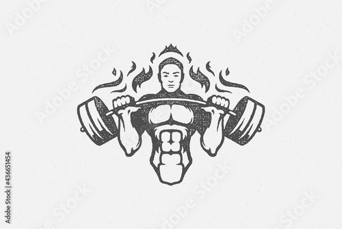 Strong bodybuilder lifting barbell silhouette hand drawn stamp vector illustration.