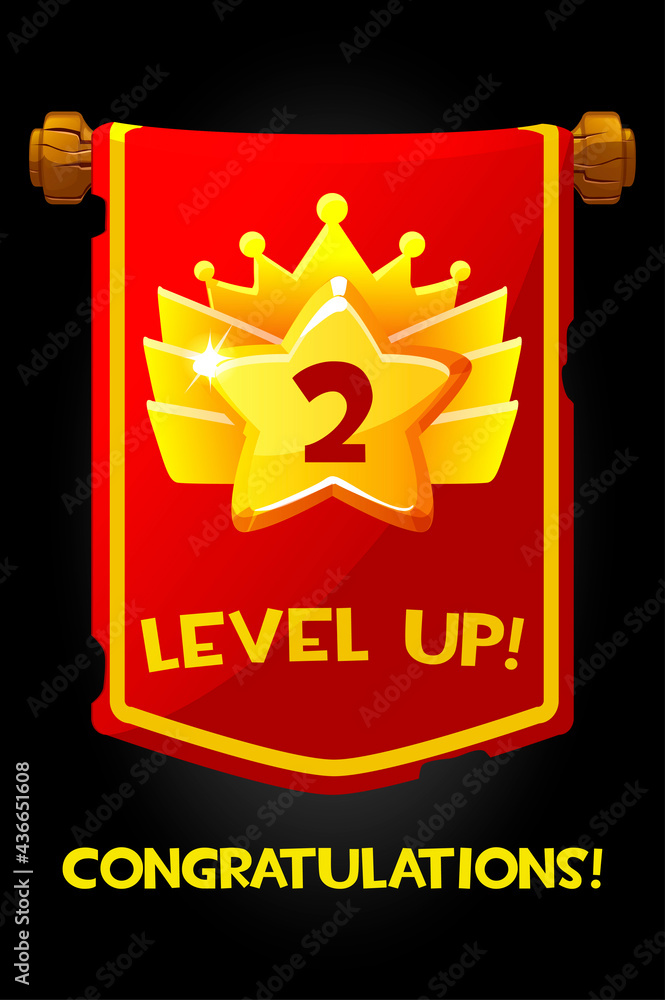 Level up reward on flag cartoon gold icon, game app UI isolated