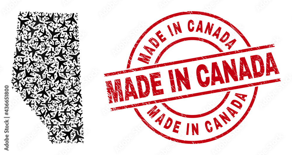 Made in Canada scratched seal stamp, and Alberta Province map collage of air force elements. Mosaic Alberta Province map designed from air force symbols. Red stamp with Made in Canada text, Made in Canada scratched seal stamp, and Alberta Province map collage of air force elements. Mosaic Alberta Province map designed from air force symbols. Red stamp with Made in Canada text,