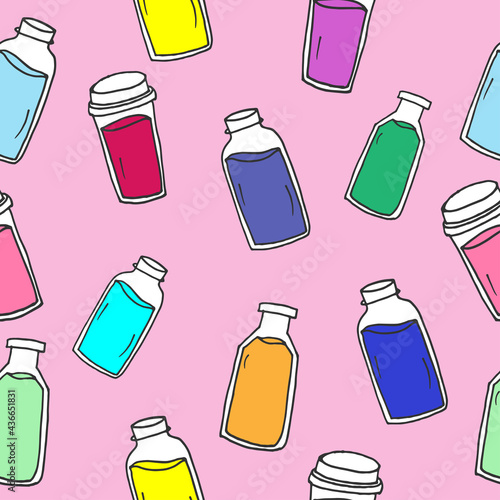 seamless pattern with set of colorful bottle on pink background. transparent water bottle illustration. hand drawn vector. doodle art for wallpaper, backdrop, fabric, textile,wrapping paper and gift. 