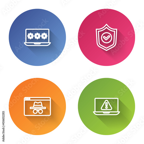 Set line Laptop with password, Shield check mark, Browser incognito window and exclamation. Color circle button. Vector