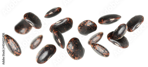 Many black beans falling on white background, banner design. Vegan diet