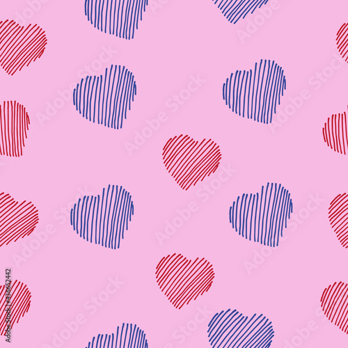 seamless pattern with shape of heart isolated on pink background. red and blue color. hand drawn vector. doodle art for wallpaper, wrapping paper and gift, backdrop, greeting, fabric, textile, card. 