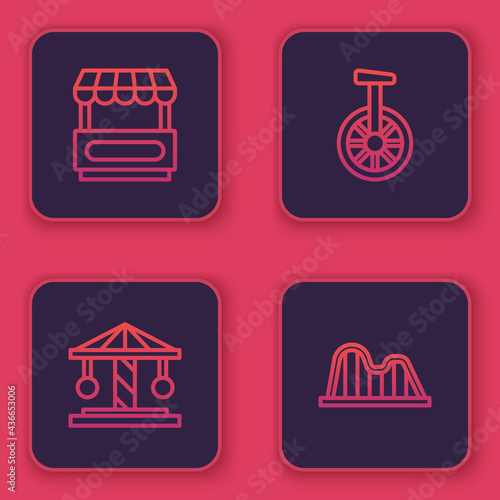 Set line Fast street food cart, Attraction carousel, Unicycle or one wheel bicycle and Roller coaster. Blue square button. Vector