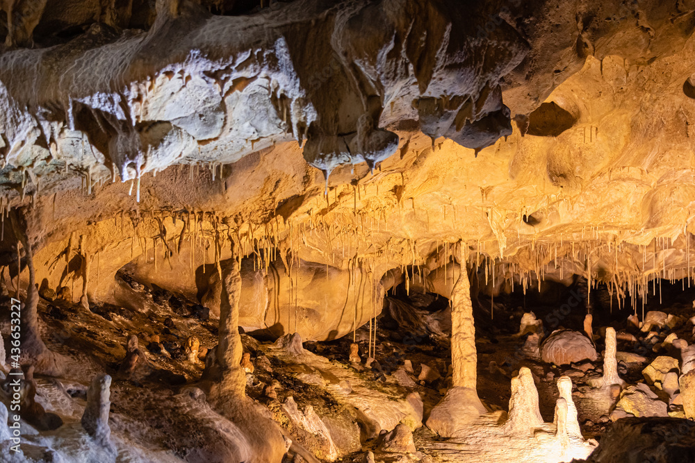 inside the caves of Thouzon, in Vaucluse, in the south of France - obrazy, fototapety, plakaty 