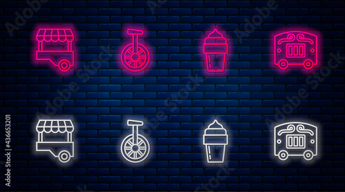 Set line Unicycle or one wheel bicycle, Ice cream, Fast street food cart and Circus wagon. Glowing neon icon on brick wall. Vector