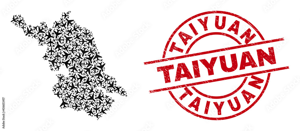 Taiyuan grunged seal stamp, and Jiangsu Province map mosaic of airplane elements. Mosaic Jiangsu Province map designed with airliners. Red seal with Taiyuan text, and corroded rubber texture. Taiyuan grunged seal stamp, and Jiangsu Province map mosaic of airplane elements. Mosaic Jiangsu Province map designed with airliners. Red seal with Taiyuan text, and corroded rubber texture.