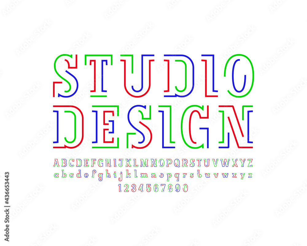Trendy modern font slab serif, alphabet from two multi colored stripes, letters and numbers Trendy modern font slab serif, alphabet from two multi colored stripes, letters and numbers