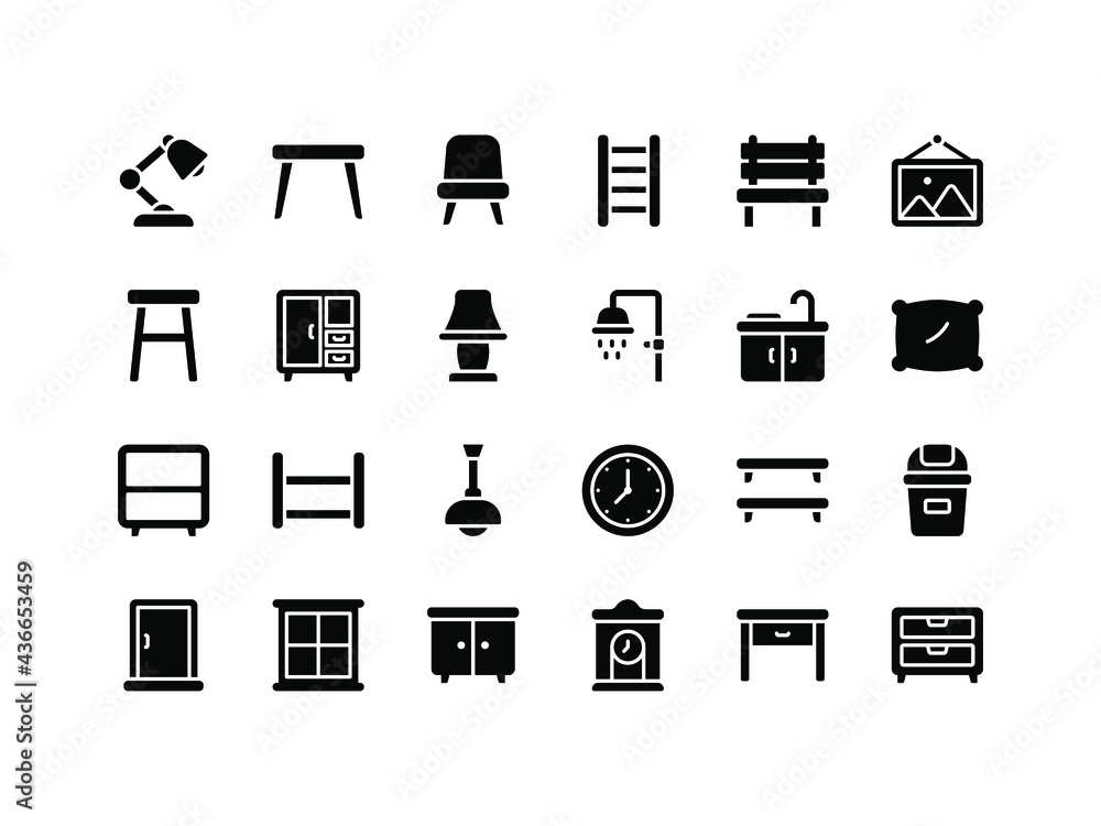 Furniture and Household Items Glyph Icon Set Furniture and Household Items Glyph Icon Set