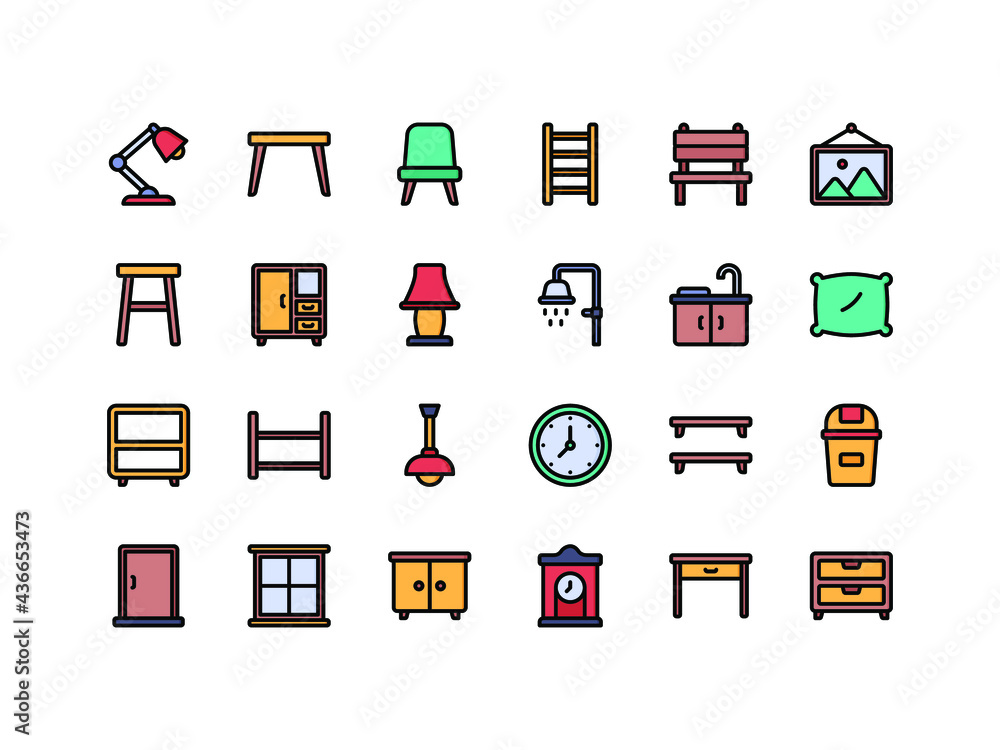 Furniture and Household Items Lineal Color Icon Set Furniture and Household Items Lineal Color Icon Set