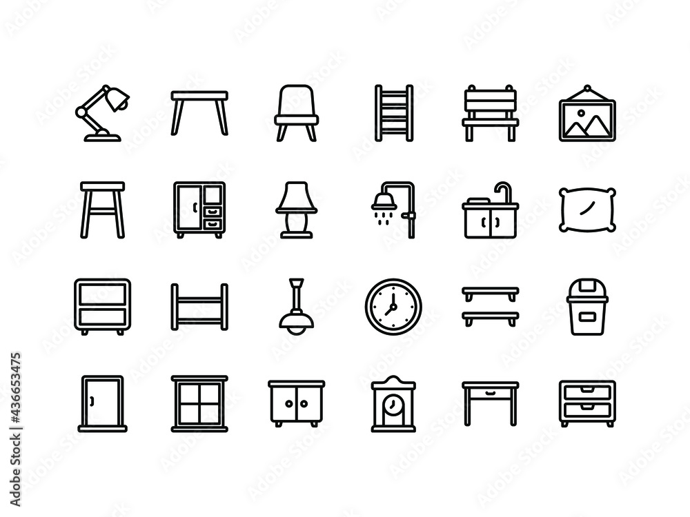 Furniture and Household Outline Items Icon Set