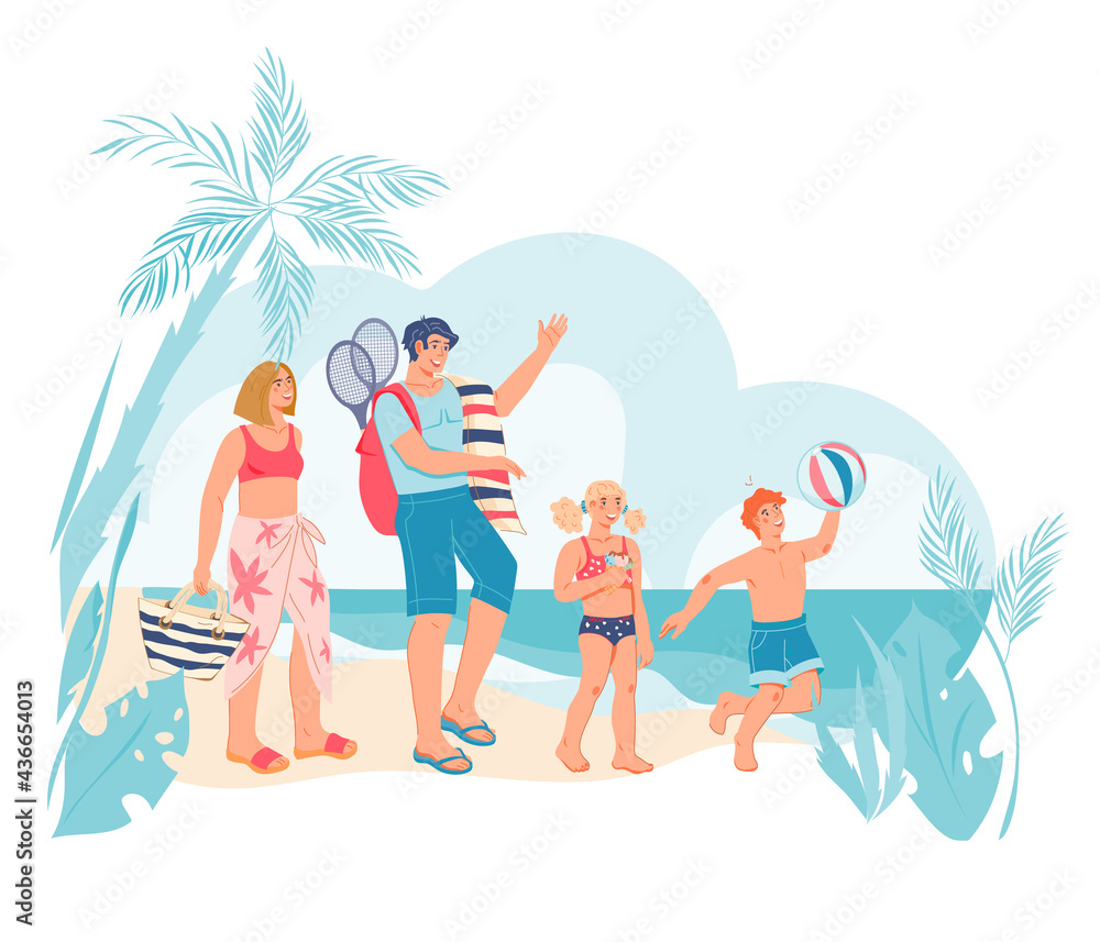 Cheerful family with children on tropical beach, flat vector illustration isolated on white background. Family summer vacation at sea decorative composition with characters among palms. Cheerful family with children on tropical beach, flat vector illustration isolated on white background. Family summer vacation at sea decorative composition with characters among palms.