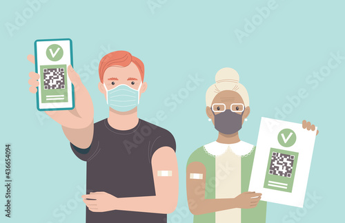 Vaccinated people using digital health passports. Young man showing an app in mobile phone. Elderly woman hold printed immunization certificate with qr code.