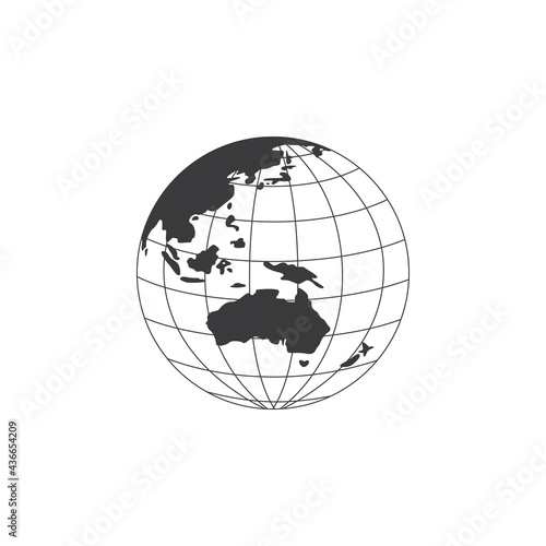 Black and white Earth globe outline - world map with Australia