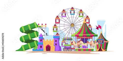 Amusement background. Landscape fun city with attractions for kids big wheels with swing machines with fast food rollercoast