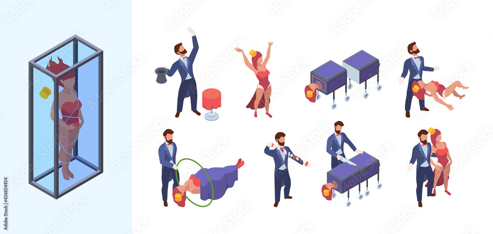 Magic performers. Fairytale circus show for kids attraction with actors magicians gaudi garish vector isometric illustrations set