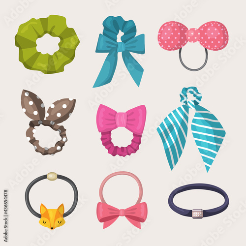 Scrunchy. Elastic ribbons for fashion woman accessories for hairs elastic headband recent vector illustrations collection set