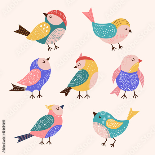 Decorated birds. Trendy stylized colored flying birds with folk and botanical graphics authentic decor recent vector flat pictures set photo