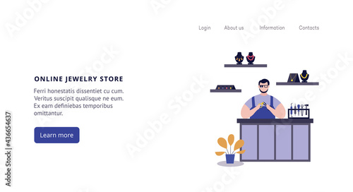 Website for online jewelry store with working jeweler flat vector illustration.