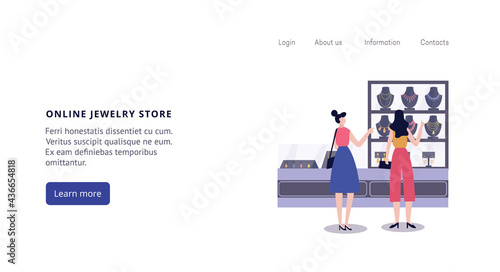 Online jewelry store banner, cartoon women shopping for jewellery
