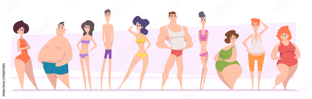 Woman and man bodies. Adult girls and boys types of bodies shapes thin tall  skinny fat exact vector illustrations people Stock Vector