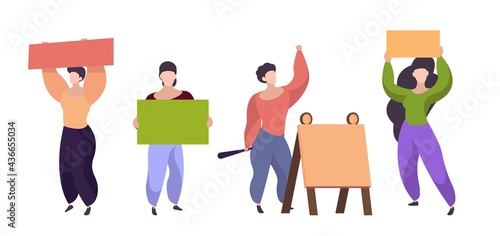 Women with placards. Female characters holding blank posters, isolated people on demonstration vector set