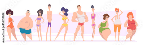 Woman and man bodies. Adult girls and boys types of bodies shapes thin tall skinny fat exact vector illustrations people
