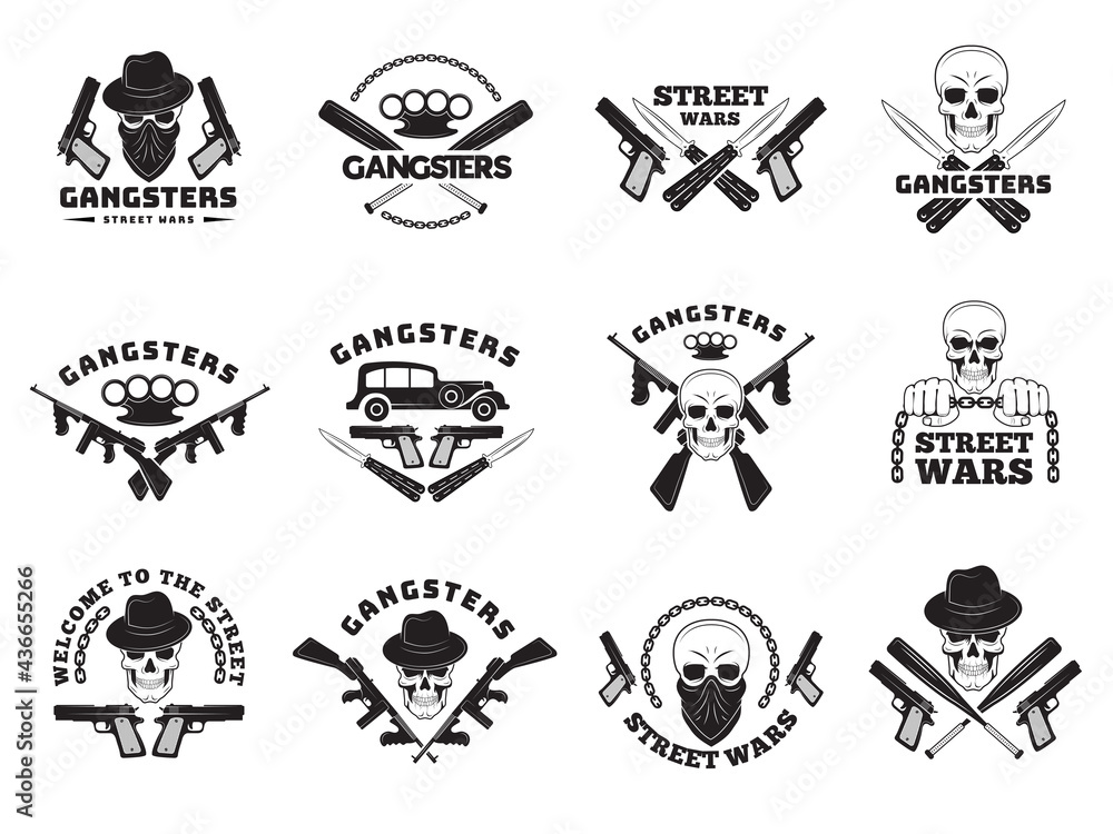 Bandits labels. Mafia stylized monochrome badges hooligans recent vector symbols collection set