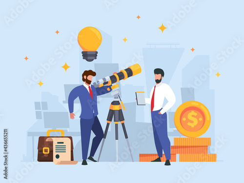 Businessman watching telescope. Successful team working exploring universe looking observer business concept garish vector background in flat style