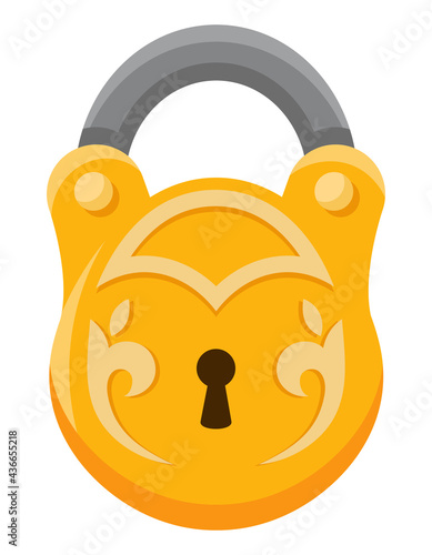 Golden padlock with patterns. Vintage object in cartoon style.