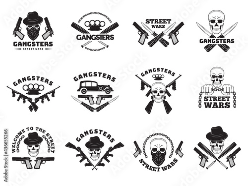 Bandits labels. Mafia stylized monochrome badges hooligans recent vector symbols collection set