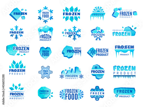 Frozen product logo. Snow and winter snowflakes from ice stylized symbols for logo design cold food temperatures recent vector templates collection set