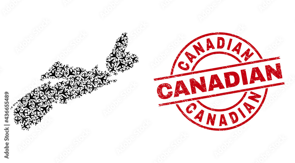 Canadian rubber badge, and Nova Scotia Province map mosaic of aeroplane elements. Mosaic Nova Scotia Province map created with air force symbols. Red imprint with Canadian word, Canadian rubber badge, and Nova Scotia Province map mosaic of aeroplane elements. Mosaic Nova Scotia Province map created with air force symbols. Red imprint with Canadian word,