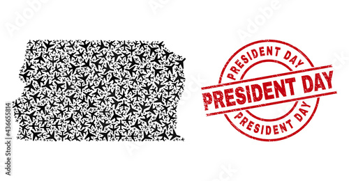 President Day textured seal, and Brazil Distrito Federal map mosaic of aircraft items. Mosaic Brazil Distrito Federal map constructed with aviation items. Red stamp with President Day text,