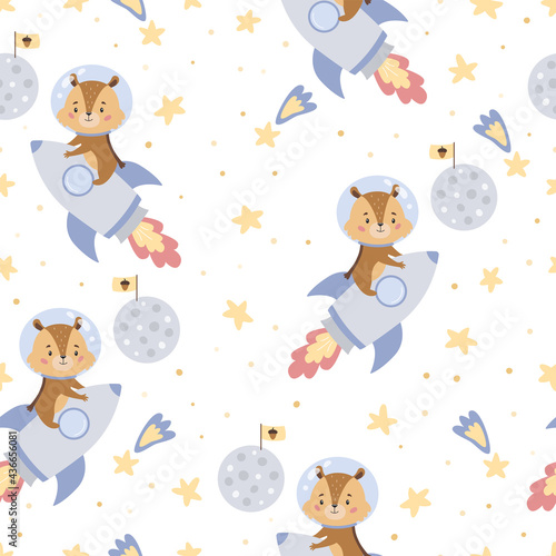 Childish seamless pattern with chipmunk on rocket. Space theme. Cute cartoon animal character. Hand drawn stars and moon. Vector illustration.