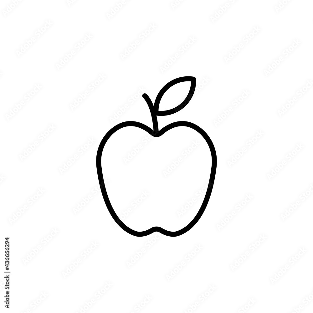 Apple fruit with leaf black line icon. Proper nutrition concept. Trendy flat isolated symbol sign can be used for: illustration, outline, logo, mobile, app, design, web, dev, ui, ux. Vector EPS 10 Apple fruit with leaf black line icon. Proper nutrition concept. Trendy flat isolated symbol sign can be used for: illustration, outline, logo, mobile, app, design, web, dev, ui, ux. Vector EPS 10