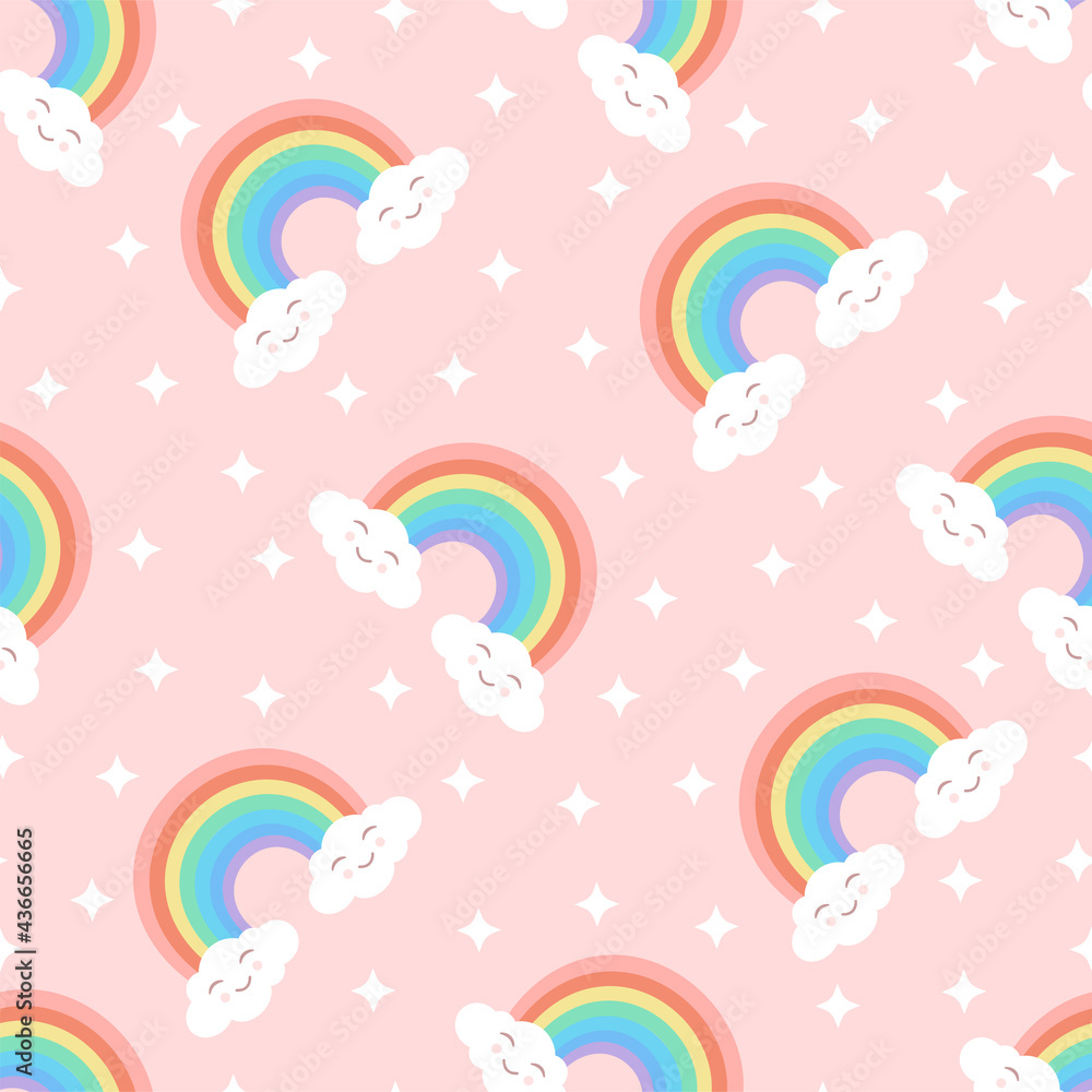 Seamless cartoon texture with rainbow, cute clouds and stars on a pink background. Vector illustration for fabrics, textures, wallpapers, posters, stickers. Childish fun print. Editable elements. Seamless cartoon texture with rainbow, cute clouds and stars on a pink background. Vector illustration for fabrics, textures, wallpapers, posters, stickers. Childish fun print. Editable elements.